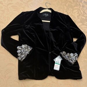 Alex Evenings Black Velvet Jacket with Embellished Sleeves